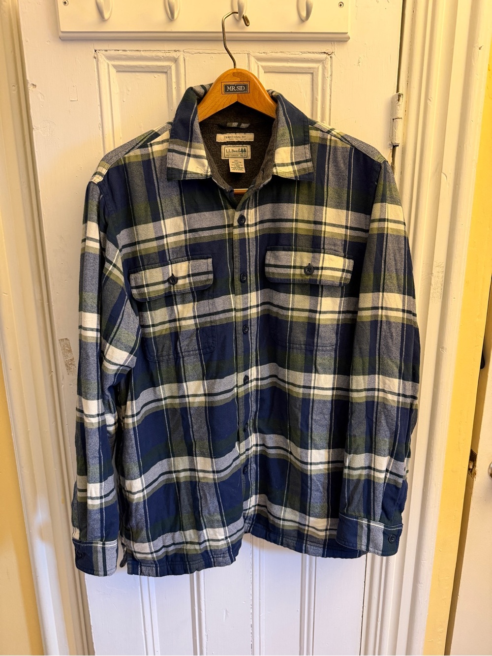 LL Bean Fleece Lined Flannel Shirt Jacket Mens L Plaid Blue Green Traditional
